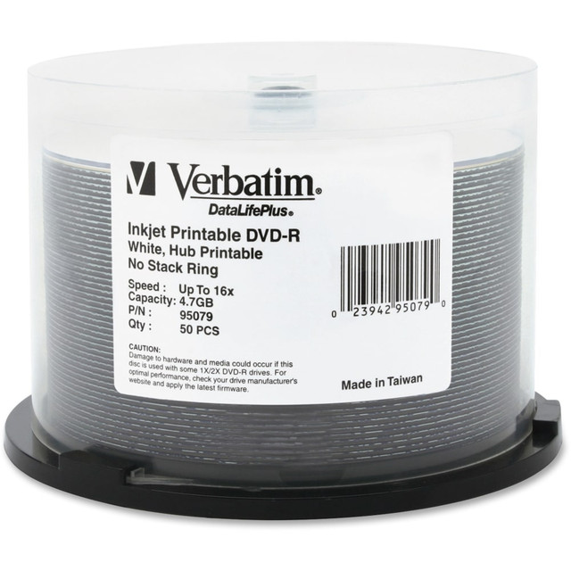 VERBATIM AMERICAS LLC 95079 Verbatim DVD-R 4.7GB 16X DataLifePlus White Inkjet Printable, Hub Printable - 50pk Spindle