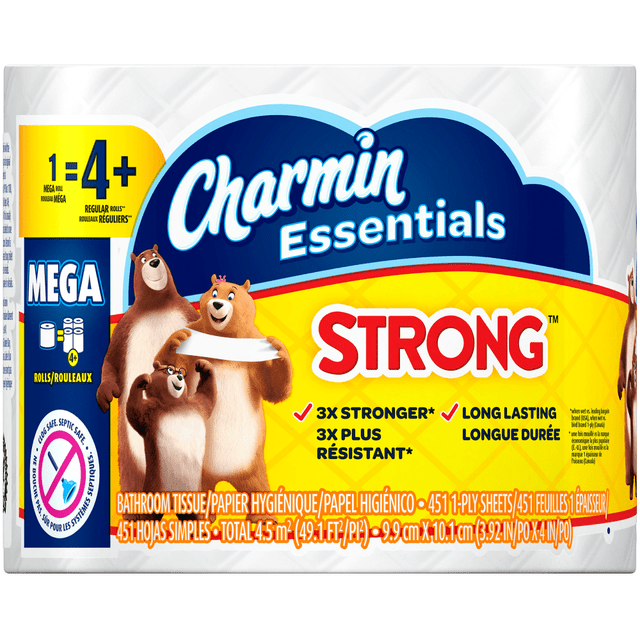 THE PROCTER & GAMBLE COMPANY Charmin 98283  Essentials Strong 1-Ply Mega Roll Toilet Paper, 451 Sheets Per Roll, Pack Of 36 Rolls