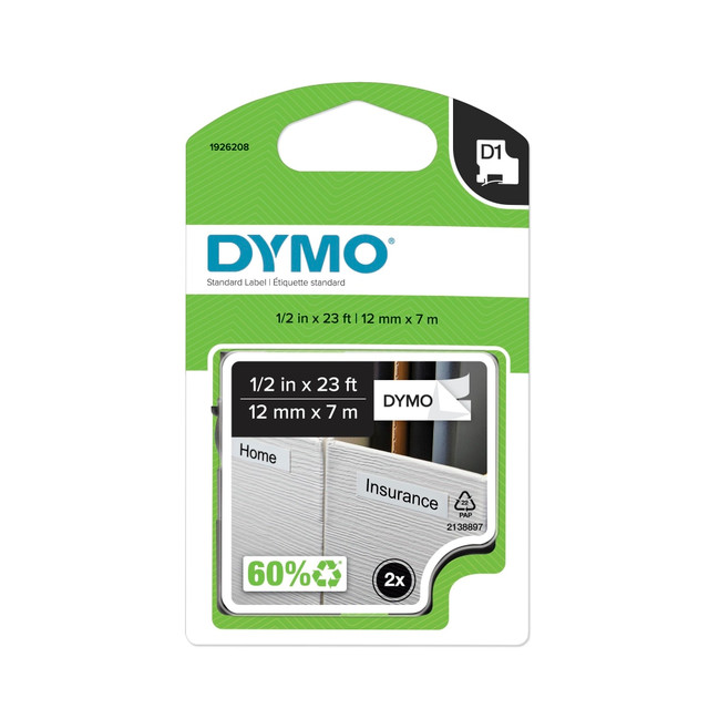 NEWELL BRANDS INC. 1926208 DYMO D1 45013 Black-On-White Tape, 0.5in x 23ft, Pack Of 2 NEWELL BRANDS INC. 1926208 DYMO D1 45013 Black-On-White Tape, 0.5in x 23ft, Pack Of 2