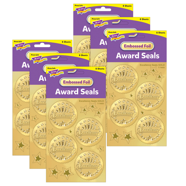 Embossed stickers are a great way to showcase an achievement. Make ribbon awards and certificates special with a touch of classic elegance.  Embossed foil seal creates an official-looking air for a diploma or other document.  Each sticker measures 2in.  A great way to add sophistication to celebrations of student success from preschool to grade 12.  6 packs give you a total of 192 stickers for years of use.