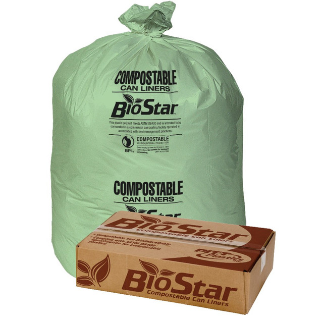 PITT PLASTICS INC. BS33G Pitt Plastics BioStar 1-mil Compostable Can Liners, 33 Gallons, 33in x 39in, Green, 10 Bags Per Roll, Case Of 10 Rolls