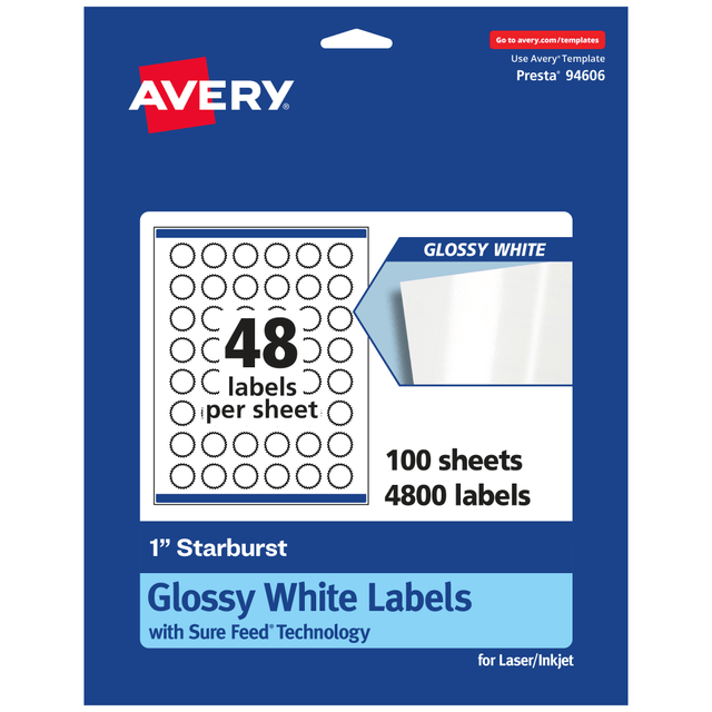 AVERY PRODUCTS CORPORATION 94606-WGP100 Avery Glossy Permanent Labels With Sure Feed, 94606-WGP100, Starburst, 1in, White, Pack Of 4,800 AVERY PRODUCTS CORPORATION 94606-WGP100 Avery Glossy Permanent Labels With Sure Feed, 94606-WGP100, Starburst, 1in, White, Pack Of 4,800