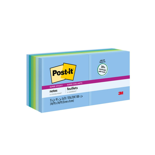 3M CO Post-it 654-12SST  Recycled Super Sticky Notes, 3 in. x 3 in., 12 Pads, 90 Sheets/Pad, 2x the Sticking Power, Oasis Collection, Recycled