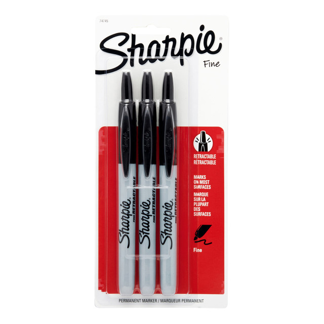 NEWELL BRANDS INC. 74745 Sharpie Retractable Permanent Markers, Fine Point, Black, Pack Of 3 Markers NEWELL BRANDS INC. 74745 Sharpie Retractable Permanent Markers, Fine Point, Black, Pack Of 3 Markers