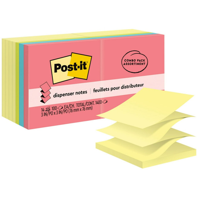 Post-it Pop-Up Dispenser Notes, 3 in. x 3 in., are accordion style notes specially designed to work in Post-it Note Dispensers. With these notes, you will always have a note nearby to capture great ideas. Americas #1 favorite sticky note, Post-it Notes unique adhesive is designed to work on paper or in planners. Use for notes or reminders to yourself or others. Canary yellow helps your notes stand out. Free pads in bright colors allow you to keep your message front and center. Post-it Pop Up Dispenser Notes are recyclable and the paper in Post-it Notes is sourced from certified, renewable and responsibly managed forests.  3 in x 3 in, Pop-Up Dispenser Notes, Canary Yellow and Assorted colors.  Always there when you need to capture great ideas.  Accordion-style notes are specially designed to work in Post-it Note Dispensers.  Unique adhesive designed for use on paper or in planners.  Use for notes or reminders to yourself or others.  Post-it Dispenser Notes are recyclable.  The paper in Post-it Dispenser Notes is sourced from certified, renewable and responsibly managed forests  Made in the USA with Globally Sourced Materials
