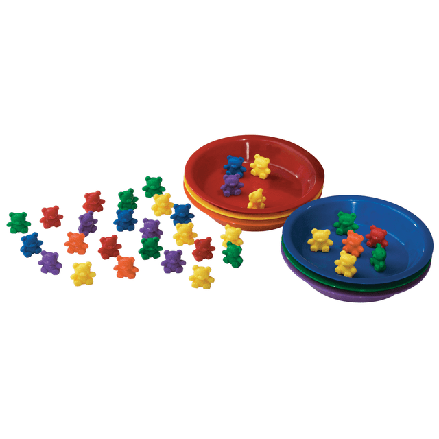 Let Baby Bear help teach sorting and color recognition.  Set combines 102 Baby Bear Counters in six vibrant colors with matching sorting bowls.  Each counter is 1in tall and weigh 4 grams.  Plastic bowls are 6in in diameter, 1in deep.