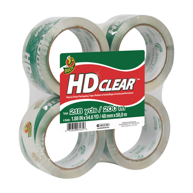 SHURTECH BRANDS, LLC Duck 240378  HD Clear Heavy-Duty Packaging Tape, 1.88in x 54.6 Yd., Clear, Pack Of 4 Rolls