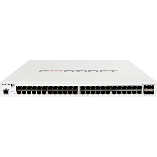 GEORGIA PEACH PRODUCTS, INC. FS-248E-POE Fortinet FortiSwitch FS-248E-POE Ethernet Switch - 48 Ports - Manageable - Gigabit Ethernet - 1000Base-T, 1000Base-X - 3 Layer Supported - Modular - 4 SFP Slots - 51.60 W Power Consumption - Optical Fiber, Twi