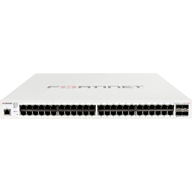 GEORGIA PEACH PRODUCTS, INC. Fortinet FS-248E-POE  FortiSwitch FS-248E-POE Ethernet Switch - 48 Ports - Manageable - Gigabit Ethernet - 1000Base-T, 1000Base-X - 3 Layer Supported - Modular - 4 SFP Slots - 51.60 W Power Consumption - Optical Fiber, Tw