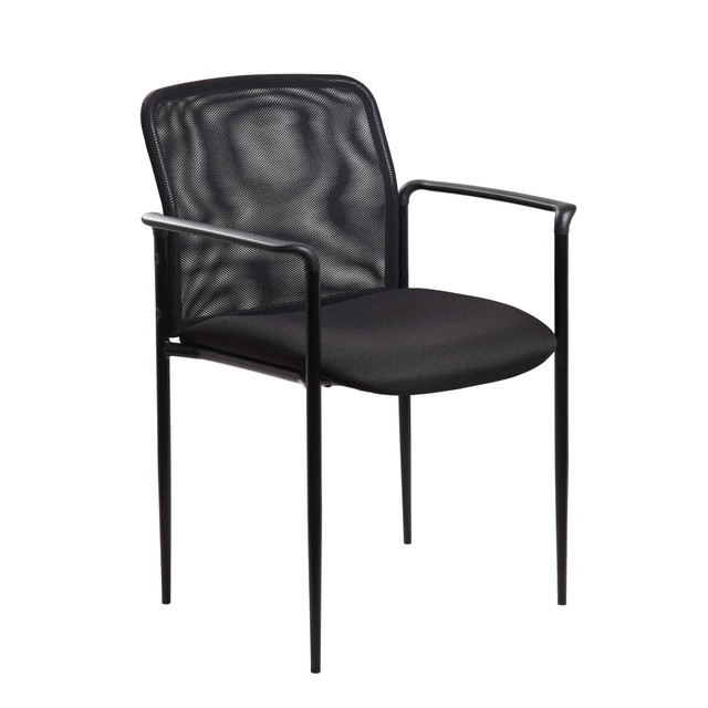 Having stackable chairs on hand can turn an open space into a place for an audience in minutes. This Boss Office Products chair features a padded seat to help you relax, allowing you to focus on important details during meetings and presentations. The powder-coated steel frame makes them great for virtually any work environment.  Padded fabric seat.  Features molded arm caps for consistent comfort.  Powder-coat, tubular steel frame and tapered legs.  Assembly required.