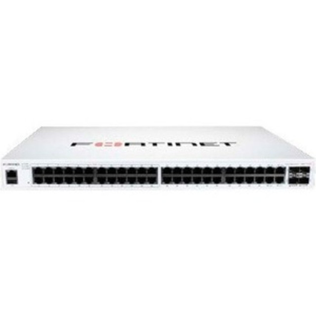 FORTINET, INC. FS-148F-POE Fortinet FortiSwitch 100 FS-148F-POE Ethernet Switch - 48 Ports - Manageable - Gigabit Ethernet, 10 Gigabit Ethernet - 10/100/1000Base-T, 10GBase-X - 2 Layer Supported - Modular - 476.30 W Power Consumption - 370 W PoE Budg