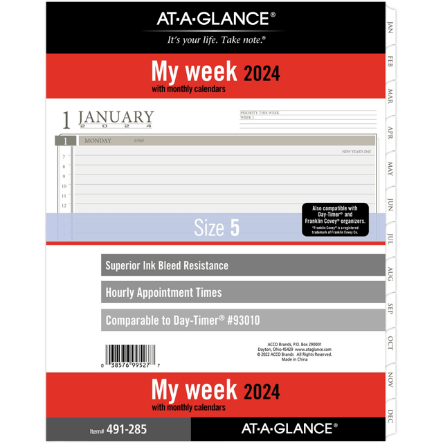 ACCO BRANDS USA, LLC AT-A-GLANCE 491-285-24  Weekly Loose-Leaf Planner Refill Pages, 8-1/2in x 11in, January to December 2024, 491-285