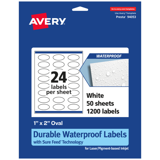 AVERY PRODUCTS CORPORATION 94053-WMF50 Avery Waterproof Permanent Labels With Sure Feed, 94053-WMF50, Oval, 1in x 2in, White, Pack Of 1,200 AVERY PRODUCTS CORPORATION 94053-WMF50 Avery Waterproof Permanent Labels With Sure Feed, 94053-WMF50, Oval, 1in x 2in, White, Pack Of 1,200