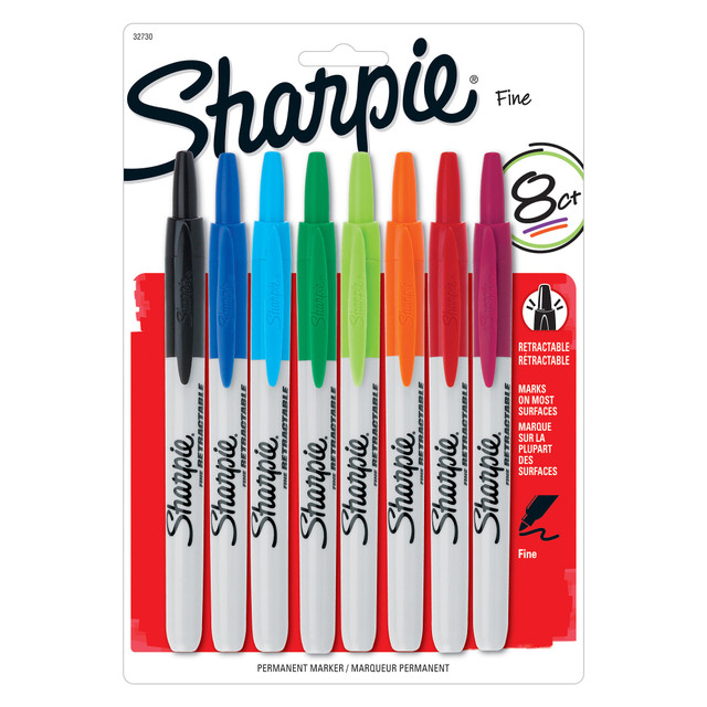 NEWELL BRANDS INC. 32730 Sharpie Retractable Permanent Markers, Fine Point, Assorted Colors, Pack Of 8 Markers NEWELL BRANDS INC. 32730 Sharpie Retractable Permanent Markers, Fine Point, Assorted Colors, Pack Of 8 Markers