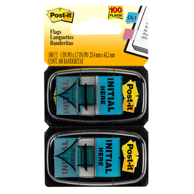 3M CO 680IH2 Post-it Printed Flags, "Initial Here", 1in x 1-11/16in, Bright Blue, 50 Flags Per Pad, Pack Of 2 Pads