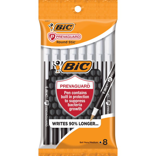 BIC CORP GSAMP81-BLK BIC Prevaguard Round Stic Pens With Antimicrobial Additive, Medium Point, 1.0 mm, Black Barrel, Black Ink, Pack Of 8 Pens