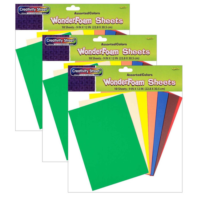 EDUCATORS RESOURCE CK-4318-3 Creativity Street WonderFoam Sheets, Assorted Colors, 9in x 12in, 10 Per Pack, Set Of 3 Packs