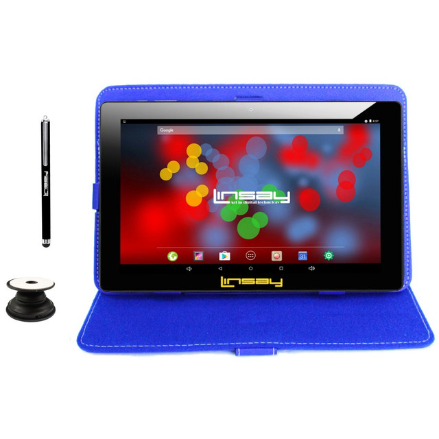 Enjoy your favorite games, movies and TV shows on this Linsay tablet. The 10.1in IPS touch-screen display boasts 1280 x 800 resolution to bring your apps and entertainment to life, while the quad-core processor and 2GB of memory help deliver smooth performance. You can even take photos, videos and chat with family and friends with the front- and rear-facing cameras.  Runs on New Android 13 operating system. Stay connected and productive on the go.  10.1in diagonal display for high-resolution images. Features 1280 x 800 resolution and IPS technology to provide an impressive view from almost any angle.  Powered by a Cortex A7 quad-core 1.2GHz processor.  64GB storage capacity holds your apps and files.  2GB of memory for the power you need.  Wireless-N (802.11 b/g/n) for high performance and cable-free networking. Access wireless networks to collaborate, exchange email and surf the Internet. Work and play on the go.  Micro-USB port lets you connect USB devices.  Stay in touch with the built-in front- and rear-facing cameras.  Enjoy private listening sessions through the 3.5-mm headphone port.  Up to 7 hours of battery life. Battery life will vary depending on the battery configuration, product model, applications loaded on the product, power management setting of the product and the product features used by the customer. As with all batteries, the maximum capacity of this battery will decrease with time and usage.  Weighs only 3 lb and measures just 3.8in thick.  Backed by the manufacturers 1-year limited warranty.  Micro Sd Card Slot support up to 512GB Storage  10.1in High Resolution IPS Touchscreen Display (Resolution: 1280x800)  1.2GHz Quad-Core Processor  2GB Memory RAM  64GB Internal Memory  Android 13 OS  Includes a 10in Blue Leather Case, Pop Holder and Pen Stylus