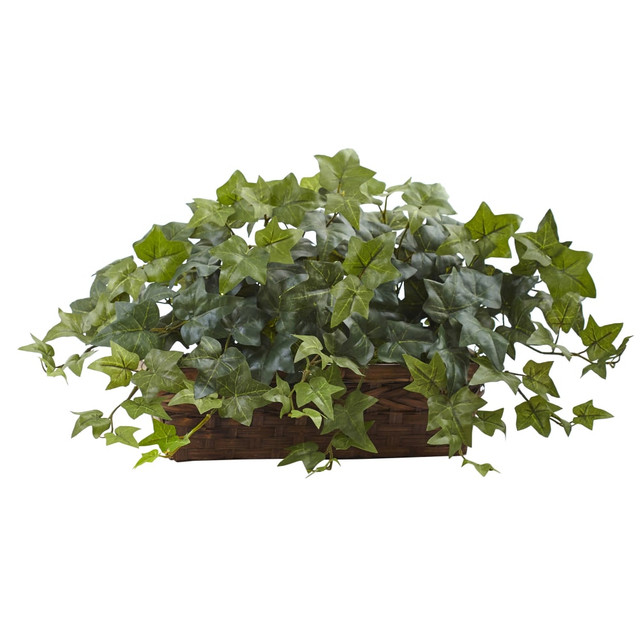 NEARLY NATURAL INC. 6819 Nearly Natural 12-1/2inH Puff Ivy With Ledge Basket, Green/Brown