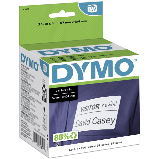 Quickly create perfect name badges directly from your DYMO LabelWriter label maker with DYMO Name Badge Labels. Using a direct thermal printing process, you avoid the hassle of expensive ink or toner.  PRINTS NAME BADGE LABELS: Quickly create perfect name badge labels with your DYMO LabelWriter label printer  CONVENIENT AND COST EFFECTIVE: Peel-and-stick name badge labels with strong self-adhesive backing; print with direct thermal printing technology - no ink or toner required  NO WASTED LABELS: Packed in rolls so you can print as many labels as needed  ALWAYS USE AUTHENTIC DYMO LABELS: For use with most DYMO label printers, including DYMO LabelWriter 5XL, 550, 550 Turbo, 4XL, 450, Wireless, 450 Duo, 450 Turbo, 450 Twin Turbo, and Desktop Mailing Solution  INCLUDES 250 LABELS: 1 roll of 250 labels (2-1/4in x 4in)