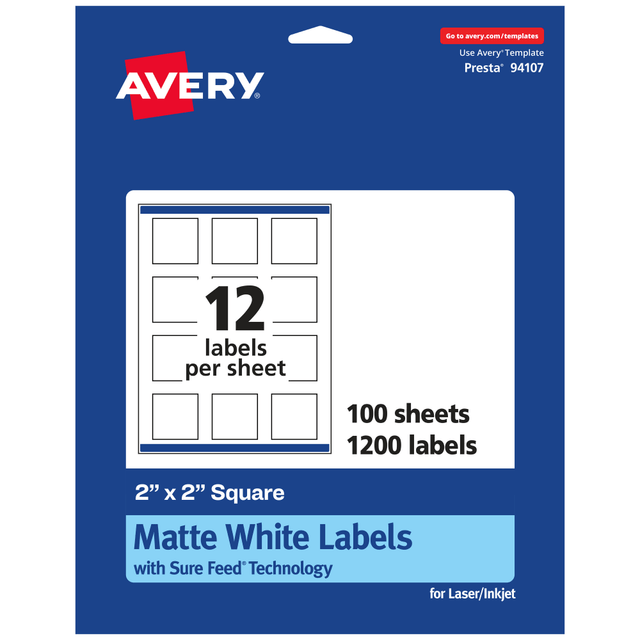AVERY PRODUCTS CORPORATION 94107-WMP100 Avery Permanent Labels With Sure Feed, 94107-WMP100, Square, 2in x 2in, White, Pack Of 1,200 AVERY PRODUCTS CORPORATION 94107-WMP100 Avery Permanent Labels With Sure Feed, 94107-WMP100, Square, 2in x 2in, White, Pack Of 1,200