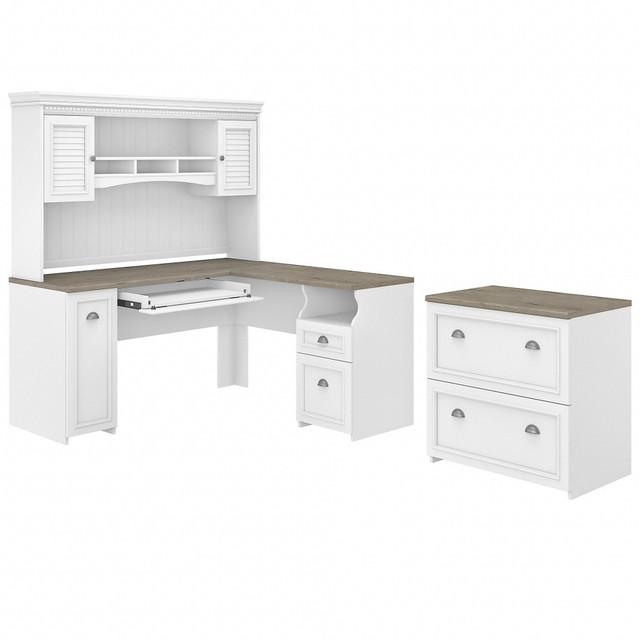 BUSH INDUSTRIES INC. FV003G2W Bush Business Furniture Fairview 60inW L-Shaped Corner Desk With Hutch And Lateral File Cabinet, Shiplap Gray/Pure White, Standard Delivery BUSH INDUSTRIES INC. FV003G2W Bush Business Furniture Fairview 60inW L-Shaped Corner Desk With Hutch And Lateral File Cabinet, Shiplap Gray/Pure White, Standard Delivery