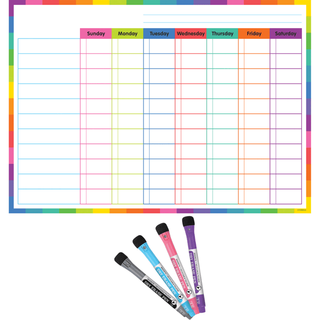 Keep track of important deadlines and duties with a Teacher Created Resources Colorful Dry-Erase Magnetic Task Chart. This task chart can help with assigning specific jobs to your students.  Made from acid-free paper.  Write-on and wipe-off surface for reuse.  Holds space for up to 11 tasks with a check mark column for each day of the week to mark completion.  Use on magnetic surfaces like whiteboards, lockers, desks and shelves.  Includes 4 dry-erase pens in black, blue, pink and purple.