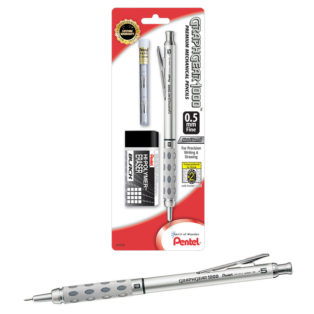 PENTEL OF AMERICA, LTD. PG1015EBP Pentel Graph Gear 1000 Mechanical Pencil with Eraser Set, 0.5mm, #2 Lead, Silver Barrel
