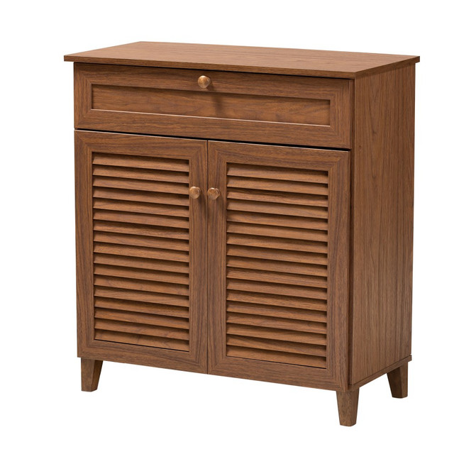 WHOLESALE INTERIORS, INC. 2721-9388 Baxton Studio Coolidge Finished 4-Shelf Wood Shoe Storage Cabinet With Drawer, Walnut WHOLESALE INTERIORS, INC. 2721-9388 Baxton Studio Coolidge Finished 4-Shelf Wood Shoe Storage Cabinet With Drawer, Walnut