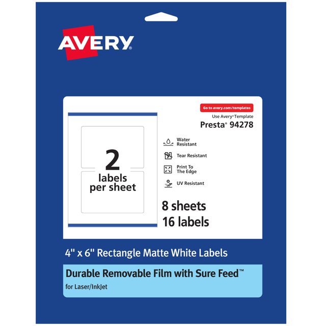 AVERY PRODUCTS CORPORATION 94278-DRF8 Avery Durable Removable Labels With Sure Feed, 94278-DRF8, Rectangle, 4in x 6in, White, Pack Of 16 AVERY PRODUCTS CORPORATION 94278-DRF8 Avery Durable Removable Labels With Sure Feed, 94278-DRF8, Rectangle, 4in x 6in, White, Pack Of 16