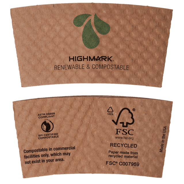 Keep your beverage station stocked with hot cup sleeves to prevent double-cupping.  Comfortably hold hot beverages. Kraft paper sleeves add another layer of protection to keep hands cool.  BPI Certified Compostable - certified by the Biodegradable Products Institute (BPI) to be compostable in commercial compost facilities (where facilities exist).  Forest Stewardship Council (FSC) certified - all the wood or paper in the product comes from reclaimed (re-used) material.  Product Content Contains Compostable Material - made from materials that can quickly break down in commercial composting facilities (where facilities exist), to help reduce waste while creating usable organic matter.  Contains Recycled Content - See Specs for Details.