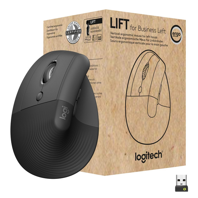 LOGITECH 910-006492  Lift Ergo Mouse - Optical - Wireless - Bluetooth/Radio Frequency - Graphite - USB - 4000 dpi - Scroll Wheel - 4 Button(s) - Small/Medium Hand/Palm Size - Left-handed - 1 Each