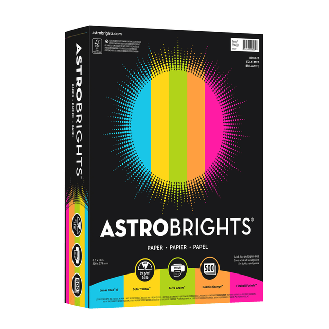 NEENAH PAPER INC Astrobrights 99608 Neenah Astrobrights Bright Color Copy Paper, Bright Assortment, Letter (8.5in x 11in), 500 Sheets Per Ream, 24 Lb, 94 Brightness