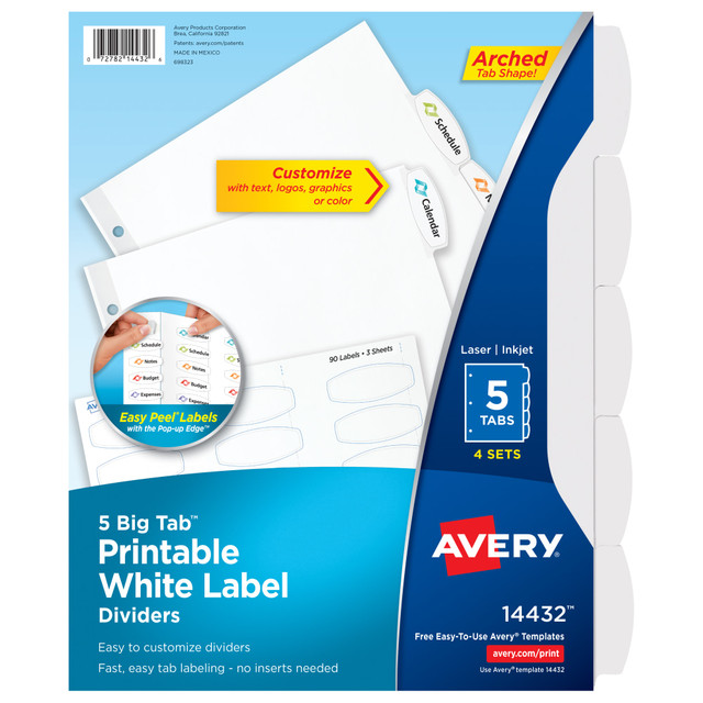AVERY PRODUCTS CORPORATION 14432 Avery Easy Peel Pop-up Edge Label Dividers, 8 1/2in x 11in, 5-Tab, White, Pack Of 4 AVERY PRODUCTS CORPORATION 14432 Avery Easy Peel Pop-up Edge Label Dividers, 8 1/2in x 11in, 5-Tab, White, Pack Of 4