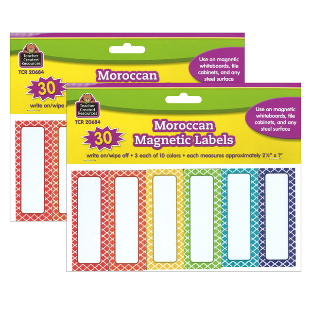 These multi-purpose, magnetic labels have a write-on/wipe-off face with a stylish border. They are perfect for all types of classroom labeling projects.  Sticks to virtually any metal surface, such as dry-erase boards and cabinets.  Each pack has 3 each of 10 polka dot colors. Sold as 2 packs, 60 labels total.
