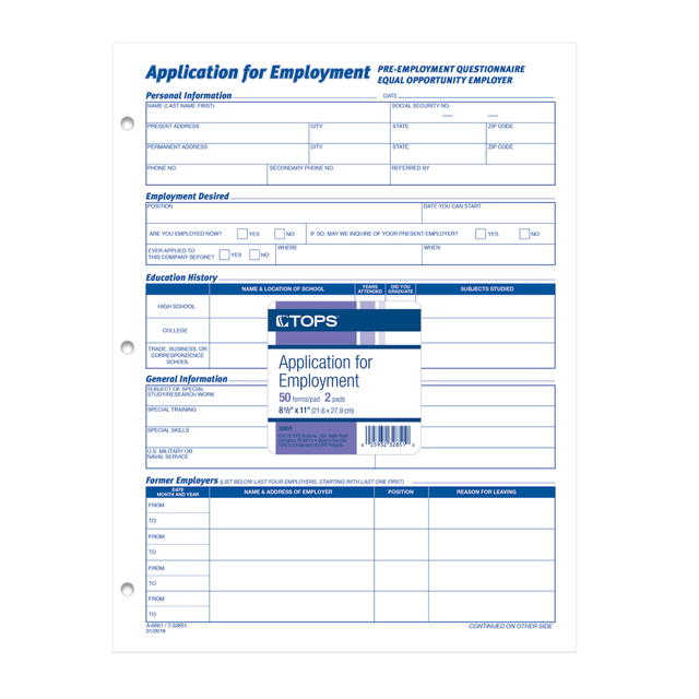 TOPS BUSINESS FORMS 32851 TOPS Employment Application Forms - 50 Sheet(s) - Gummed - 8.50in x 11in Sheet Size - White - White Sheet(s) - Black Print Color - 2 / Pack