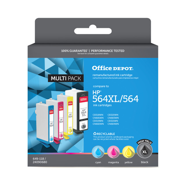 CLOVER TECHNOLOGIES GROUP, LLC OD564XLK564CMY-C Office Depot Remanufactured Black; Cyan, Magenta, Yellow High-Yield Ink Cartridge Replacement For HP 564XL, 564, Pack Of 4