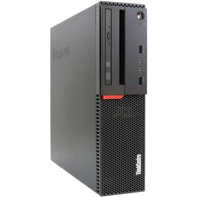 Get down to work at this Lenovo ThinkCentre M900 Refurbished Desktop PC. The refurbished PC boasts an Intel Core i5 processor and 8GB of memory to deliver the speed and performance you need to tackle your to-do list with efficiency. Wireless-N and wired connections are available to connect you to your home or office network, and the 256GB solid state drive offers the space you need to house your documents, photos and more.  Powered by the Intel Core i5 processor. Run multiple programs simultaneously.  8GB of memory is available.  256GB solid state drive holds your songs, photos, documents and other files. Keeps your running programs active, while your computer resumes from suspension in just a few seconds.  Features Wireless-N (802.11n) for high-performance, cable-free networking. Access wireless networks to share files, surf the Web and exchange e-mail. Fully compatible with 802.11b/g. Wired networking is also supported.  Features USB 3.0 and USB 2.0 ports for ultra-fast data transfers. USB 3.0 is up to 10 times faster than USB 2.0, yet fully compatible with USB 2.0.  Comes with a keyboard, mouse and Wi-Fi dongle.  Runs on Microsoft Windows 10 Pro operating system.  Intel, the Intel logo, and other Intel marks are trademarks of Intel Corporation or its subsidiaries. Other names and brands may be claimed as the property of others.  Backed by the refurbishers 1-year limited warranty.  Refurbished - a quality product restored and ready for re-use, helping you save resources, reduce waste, and potentially save money. Complies with the manufacturer"s original specifications.
