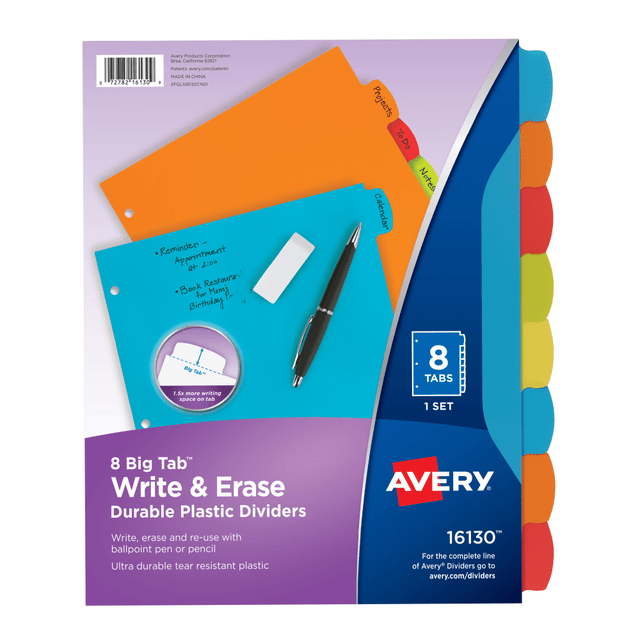 AVERY PRODUCTS CORPORATION 16130 Avery Big Tab Write & Erase Durable Plastic Dividers, 8 1/2in x 11in, Multicolor Brights, 8-Tab AVERY PRODUCTS CORPORATION 16130 Avery Big Tab Write & Erase Durable Plastic Dividers, 8 1/2in x 11in, Multicolor Brights, 8-Tab