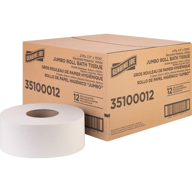 GENUINE JOE 35100012  Jumbo Jr Dispenser Bath Tissue Roll - 2 Ply - 3.50in x 1000 ft - 8.88in Roll Diameter - White - Fiber - 12 / Carton