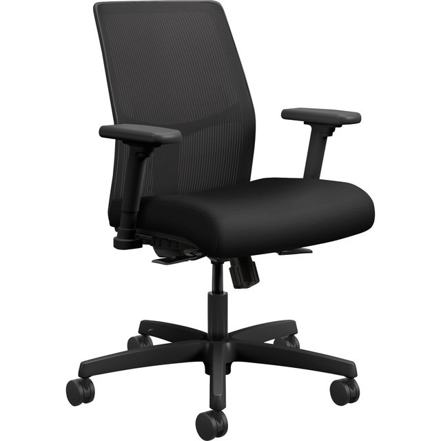 Add a sense of style to your workstation with this HON chair. The task chair offers soft fabric upholstery and 4-way stretch mesh to surround users in comfort. The seat-height and arm adjustments and recline functions help you find the right position.  Overall dimensions: 40-1/2inH x 26inW x 26-1/2inD.  Recommended for professional use 8-10 hours per day.  Weight capacity tested to support 300 lb.  Adjustable lumbar support.  Fabric upholstery and 4-way stretch mesh on the back.  Pneumatic seat-height adjustment.  HON task chair features Synchro-tilt mechanism with a seat slider, tilt tension and tilt lock.  Arms allow height and width adjustments.  5-star base with hard, dual-wheel casters.  Swivels 360 deg..  Assembly required.  Backed by The HON Full Lifetime warranty.  Contains Recycled Content - See Specs for Details.
