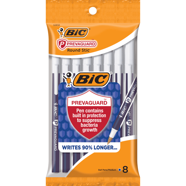 BIC CORP GSAMP81-BLU BIC Prevaguard Round Stic Pens With Antimicrobial Additive, Medium Point, 1.0 mm, Blue Barrel, Blue Ink, Pack Of 8 Pens BIC CORP GSAMP81-BLU BIC Prevaguard Round Stic Pens With Antimicrobial Additive, Medium Point, 1.0 mm, Blue Barrel, Blue Ink, Pack Of 8 Pens