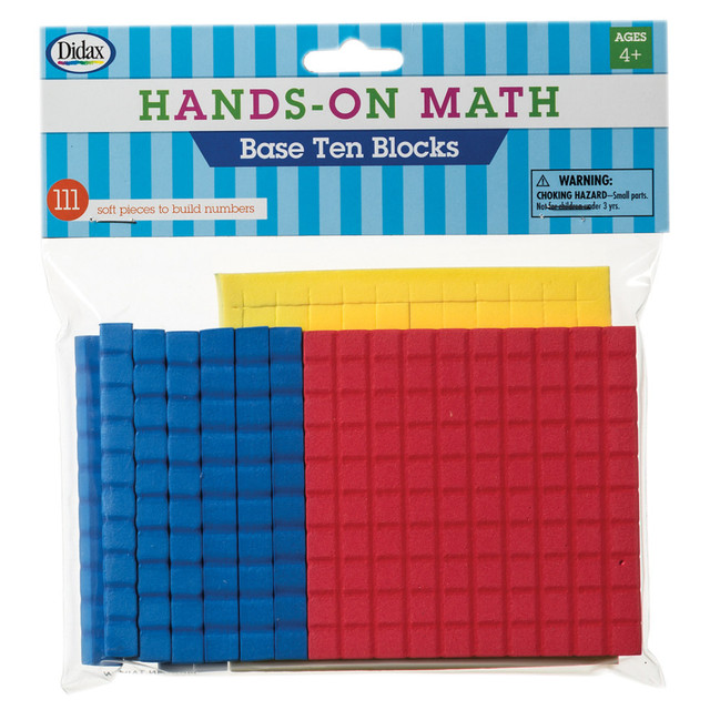 Help children learn basic mathematical concepts using the Didax Foam Base Ten Blocks. This set makes math a hands-on activity, helping kids gain fundamental skills in ways that suit their learning style best.  Set includes 111 foam pieces: 1 hundred flat, 10 ten rods and 100 unit cubes.  Designed for parents to use at home and as a starter set for the classroom.  Includes simple activity ideas.