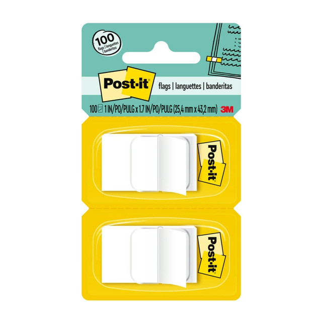 3M CO 680-WE2 Post-it Flags, 1in x 1 -11/16in, White, 50 Flags Per Pad, Pack Of 2 Pads