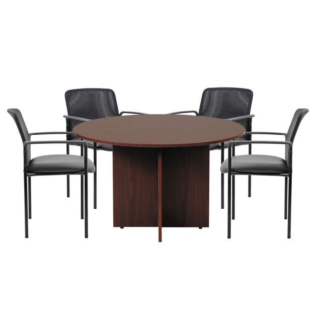 NORSTAR OFFICE PRODUCTS INC. GROUP127M-C Boss Office Products 42in Round Table And Stackable Guest Chairs Set, Mahogany/Black