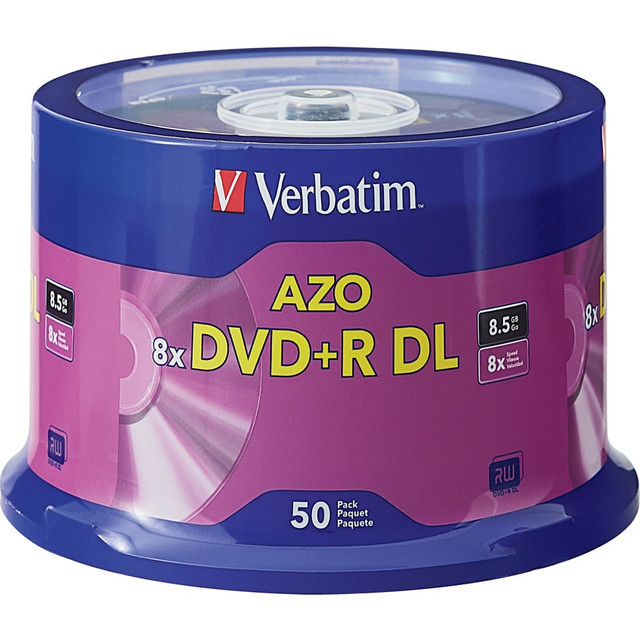 VERBATIM AMERICAS LLC 97000 Verbatim DVD+R DL Branded Surface Spindle, 8.5GB, Pack Of 50