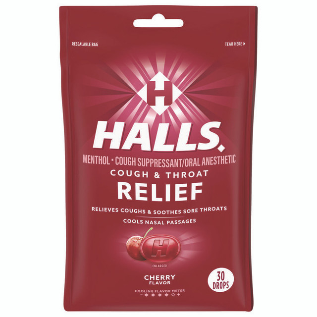 MONDELEZ INTERNATIONAL HALLS 27499 Triple Action Cough Drops, Cherry, 30/Bag, 12 Bags/Box