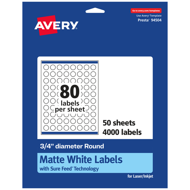 AVERY PRODUCTS CORPORATION 94504-WMP50 Avery Permanent Labels With Sure Feed, 94504-WMP50, Round, 3/4in Diameter, White, Pack Of 4,000 AVERY PRODUCTS CORPORATION 94504-WMP50 Avery Permanent Labels With Sure Feed, 94504-WMP50, Round, 3/4in Diameter, White, Pack Of 4,000