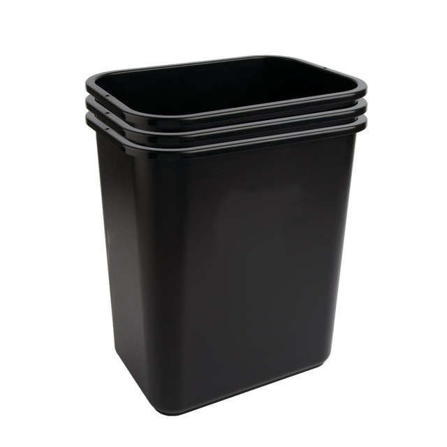 Toss your trash into this Highmark Plastic Wastebasket, which offers a streamlined look thats right for most offices. This small wastebasket fits underneath most desks, so you can easily access it throughout the day without interrupting your workflow.  Crafted from polypropylene plastic.  Black wastebaskets offer a neutral style that is great for your home or office.  Wastebaskets hold up to 6.5 gallons.  Wastebaskets in black come in a pack of 3.