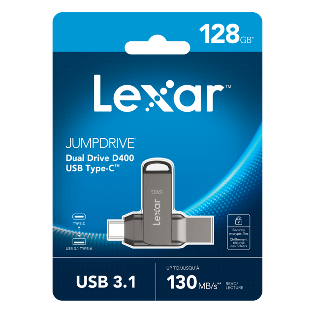 Quickly transfer photos and videos using the Lexar JumpDrive Dual Drive D400 USB 3.1 Type-C USB Drive. Dual connectors allow you to pair this drive with both USB Type-C and USB Type-A devices.  Dual connectors with USB Type-C and USB Type-A ports.  High-speed USB 3.1 performance offers up to 130MB/s read transfer.  Provides advanced security solution with Lexar DataShield.  Durable metal housing and swivel design.  Compatible with Android, PC and Mac systems.  Backed by the manufacturers 5-year limited warranty.